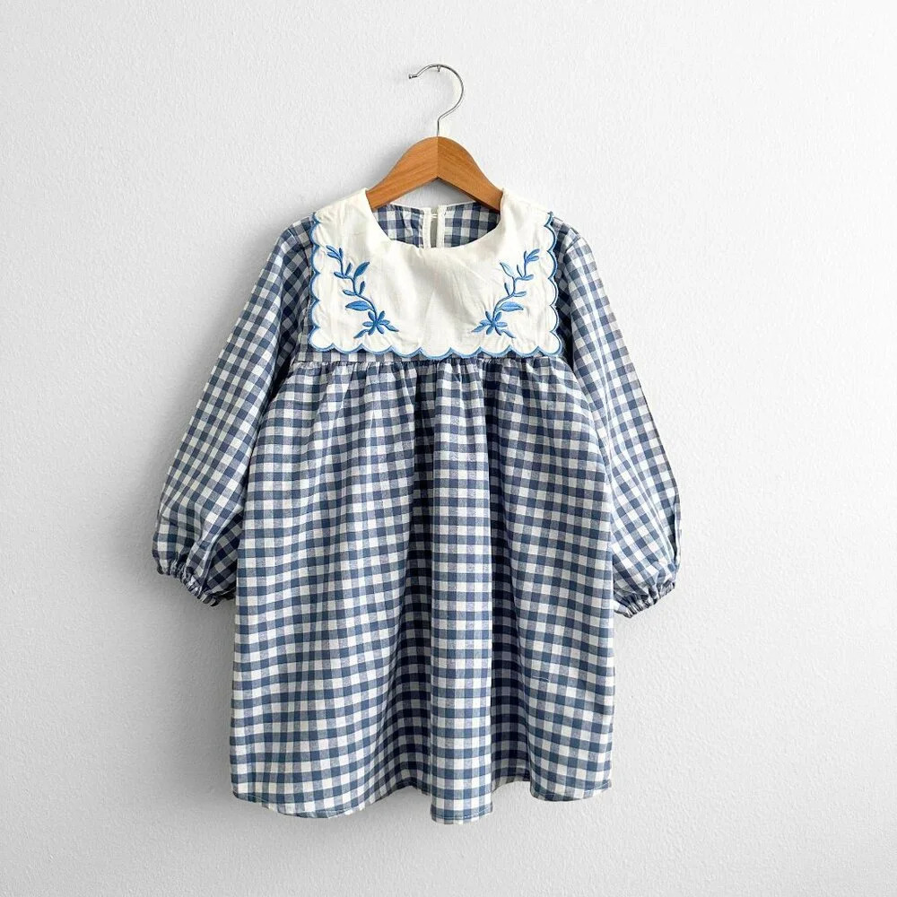 NWT Pretty Girls Long Sleeve Floral Embroidered Bib Collar Dress Gingham 2T
